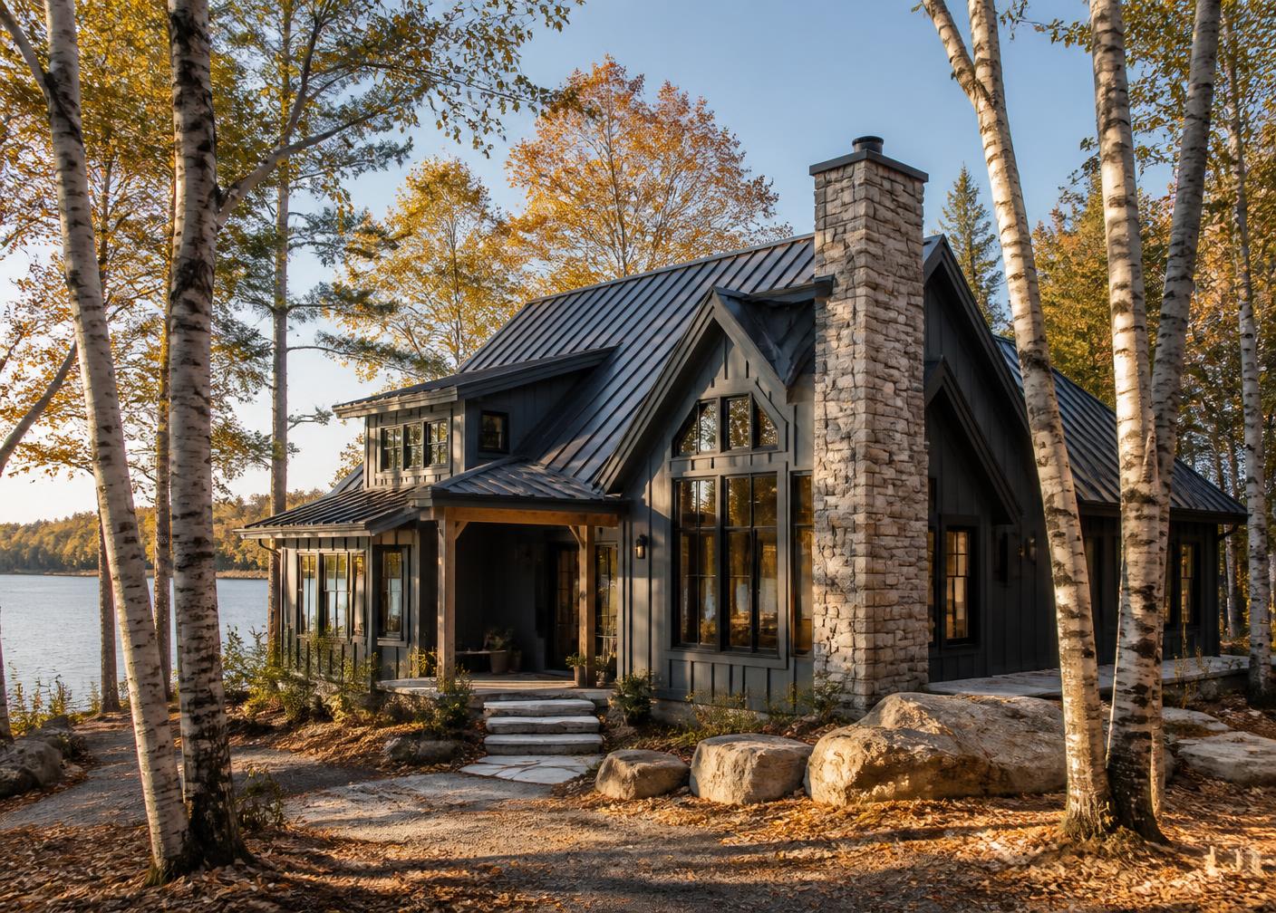 Lake cabin with metal roof and stone chimney among birch trees on a Minnesota shoreline in autumn
