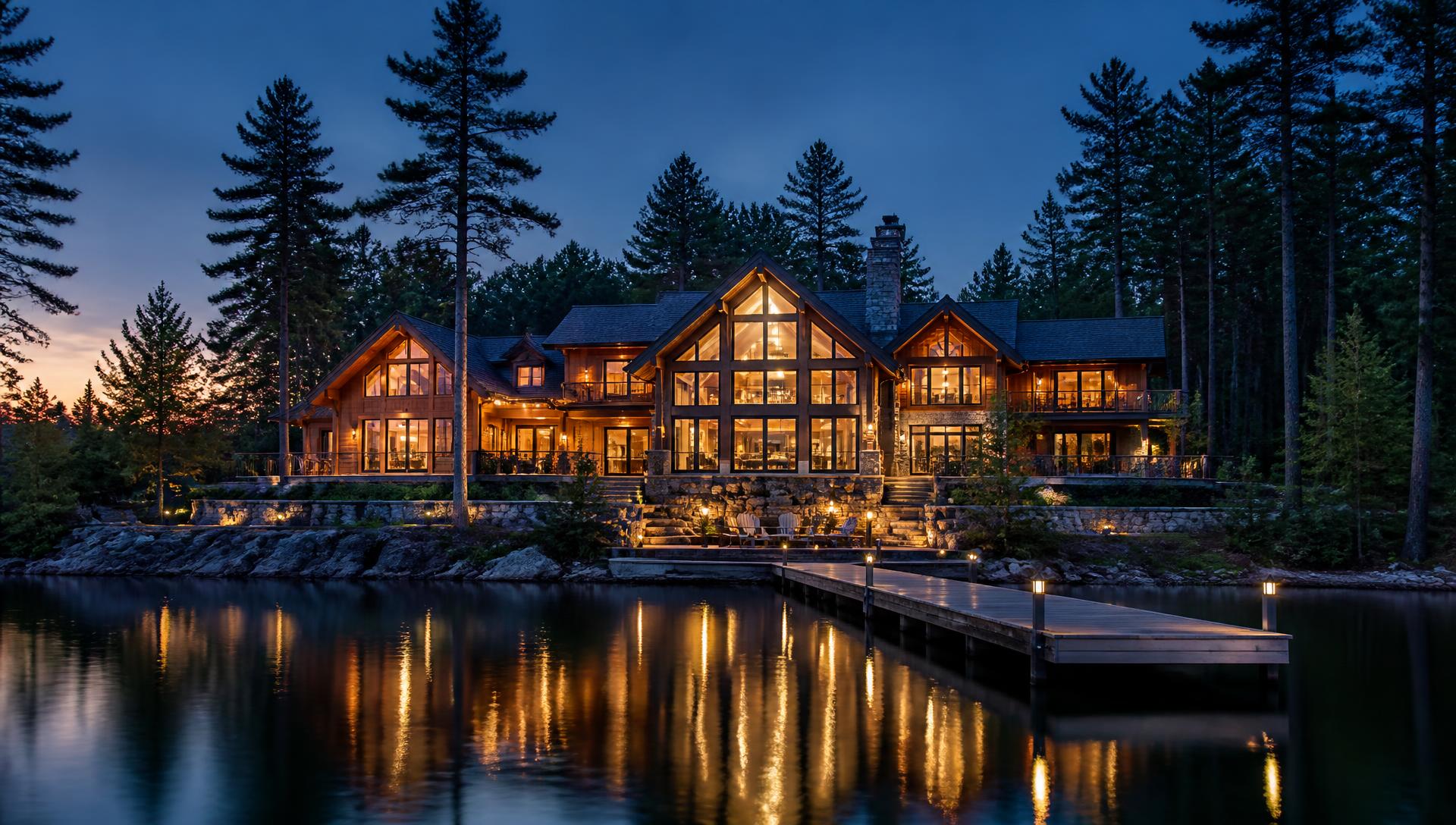 Custom timber and stone lake home glowing at dusk above a dock on a calm northern Minnesota lake